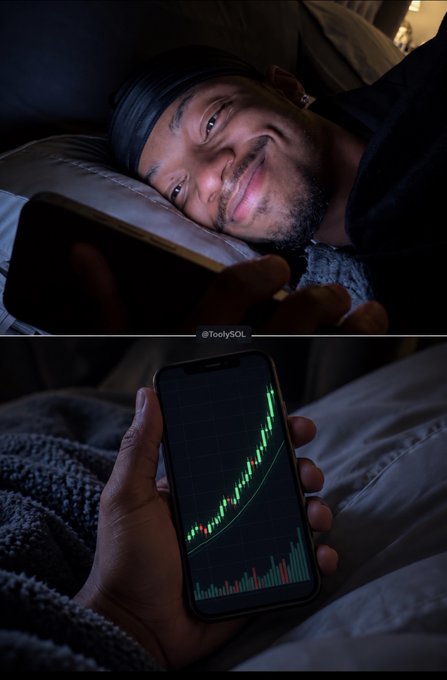 A two-panel image showing a smiling man lying in bed holding his phone, and below it a close-up of the phone screen displaying a green rising stock market chart, watermarked '@TootySOL'.