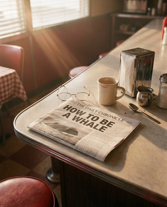 A folded newspaper headlined "THE DAILY CHRONICLE: HOW TO BE A WHALE" rests on a diner counter beside a half-finished coffee mug, wire-rimmed glasses, and a napkin dispenser—evoking the quiet ritual of catching up with the day's news over a morning cup.