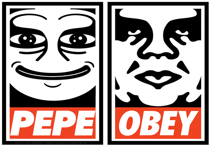 Two black-and-white stylized faces are shown side by side in OBEY-style propaganda poster format, with the left image labeled "PEPE" (a smiling Pepe the Frog face) and the right labeled "OBEY" (a woman's face resembling the iconic André the Giant design from the Shepard Fairey OBEY series). The image represents a parody of the classic OBEY Giant artwork, with Pepe replacing the traditional figure, illustrating the "Rare Pepe" card's homage to street art and propaganda aesthetics.