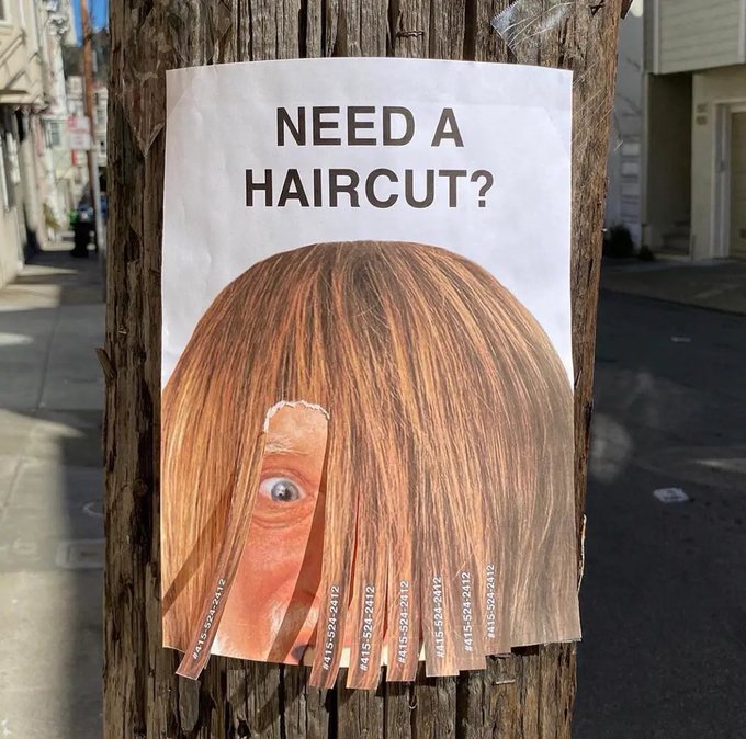 A flyer taped to a wooden utility pole reads 'NEED A HAIRCUT?' and features an image of a man with long brown hair; the bottom of the flyer is cut into fringe strips each printed with a phone number, '415-524-2412'.