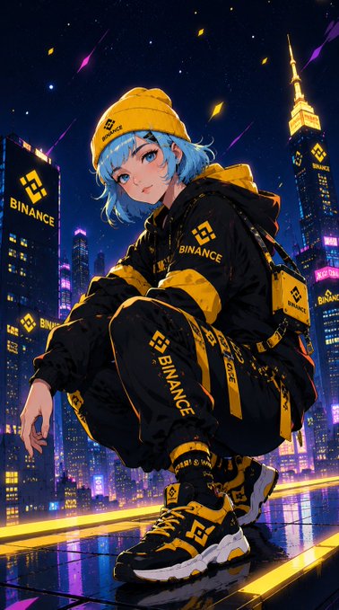 An anime-style illustration depicts a blue-haired girl in a yellow beanie and black-and-yellow "BINANCE" branded streetwear crouching on a futuristic neon-lit rooftop at night.