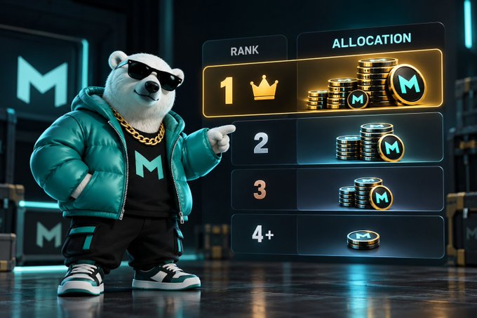 A 3D-rendered promotional image for AGEKID featuring a cool polar bear character in sunglasses, teal puffer jacket, gold chain, and "M" branded clothing pointing at a "RANK / ALLOCATION" leaderboard showing Rank 1 with crown and "M" coin stacks, Ranks 2-3 with smaller stacks, and 4+.