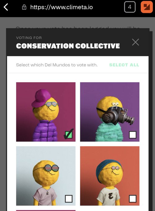 The image shows a voting interface on climeta.io where a user is voting for the "Conservation Collective" by selecting which Del Mundos (digital collectible characters) to vote with. One Del Mundo character wearing a purple puffer jacket and cap has been selected with a checkmark, while three other characters (one with a gas mask, one with round sunglasses, and one with a beanie) remain unselected, illustrating the process of using Del Mundo NFTs to cast votes on the Climeta platform as mentioned in the post.