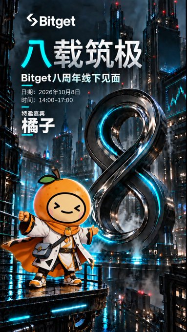 Promotional graphic for 'Bitget 八周年线下见面' (Bitget 8th Anniversary Offline Meetup) dated 2026年10月8日, featuring an orange mascot character in a white coat standing before a large metallic number 8 in a futuristic city.