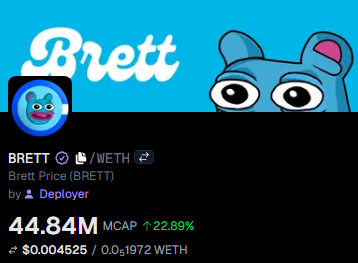 The image displays a cryptocurrency price tracker for BRETT, showing a market cap of $44.84M with a 22.89% increase, trading at $0.004525 or 0.0₅1972 WETH against the WETH pair. The featured blue cartoon frog mascot aligns with the post referencing $BRETT as part of a "base trenches" return alongside other memecoins.