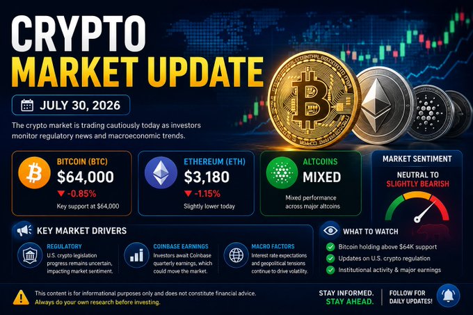 A "Crypto Market Update" infographic for July 30, 2026, showing Bitcoin (BTC) at $64,000 (-0.85%), Ethereum (ETH) at $3,180 (-1.15%), mixed altcoin performance, and a neutral-to-slightly-bearish market sentiment gauge, which visually summarizes the accompanying post's commentary on cautious trading amid regulatory and macroeconomic developments.