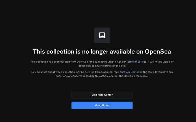 The image shows a screenshot of an OpenSea page with a message that reads "This collection is no longer available on OpenSea". The text appears to be in a block format, which suggests that it might be part of a larger message or discussion about the content displayed on the page. The post seems to be asking for help regarding the collection's status and availability on OpenSea.