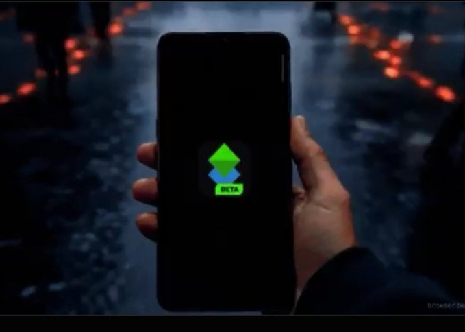 A hand holds up a smartphone displaying the Meta app icon against a dark, futuristic city backdrop with glowing lights.