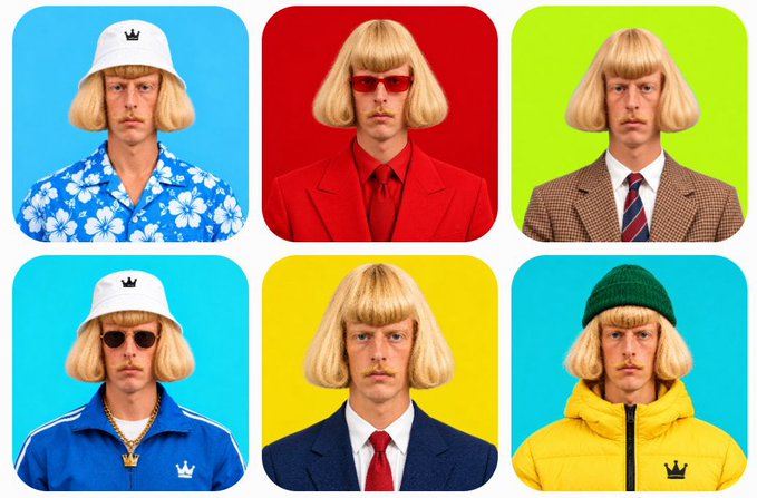 A grid of six stylized portraits featuring a man with a blonde bowl cut, mustache, and various outfits including bucket hats, sunglasses, and a yellow puffer jacket against brightly colored backgrounds.