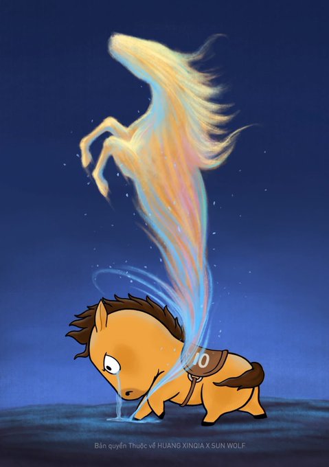 An illustration of an orange cartoon horse with a rainbow-colored flowing mane against a blue background, featuring the watermark 'Bản quyền Thuộc về HUANG XINQIA X SUN WOLF'.