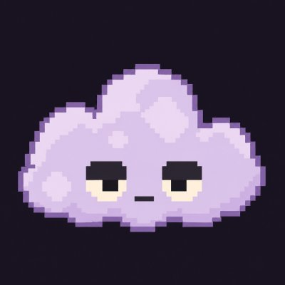A small pixel art illustration of a light purple cloud with a tired, half-closed eye expression against a dark background.