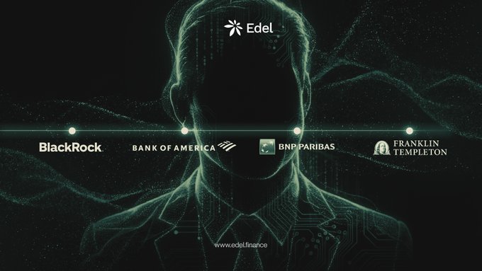 A dark digital graphic featuring 'Adel' finance with a silhouette of a man, displaying logos for BlackRock, Bank of America, BNP Paribas, and Franklin Templeton, with the URL www.edel.finance.