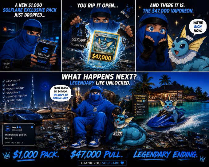 A promotional comic-style graphic for SOLFLARE featuring a ninja character unboxing a $47,000 Vaporeon card, with text panels reading 'A NEW $1,000 SOLFLARE EXCLUSIVE PACK JUST DROPPED...' and 'WHAT HAPPENS NEXT? LEGENDARY LIFE UNLOCKED.'