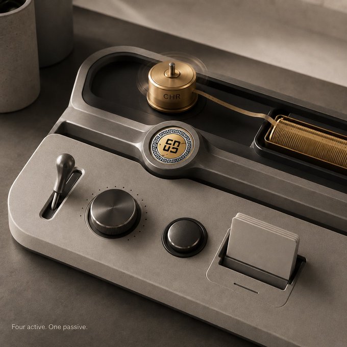 A sleek brushed-metal mechanical control panel featuring a digital display reading '53', a brass-colored knob labeled 'CHR', various toggles, and knobs, with the tagline 'Four active. One passive.'