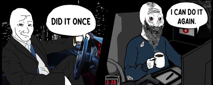 The image features two cartoon men sitting at a desk, with one man holding a cup of coffee while another man has a computer monitor in front of him. The caption below the image reads "Did it once, we can do it again CA: FKc2Bzb5m7VBpxQS9uN5cNAHARHFhhAfVNAs5yEqpump". This phrase is likely a reference to the post about the two men sitting at their desks and drinking coffee.