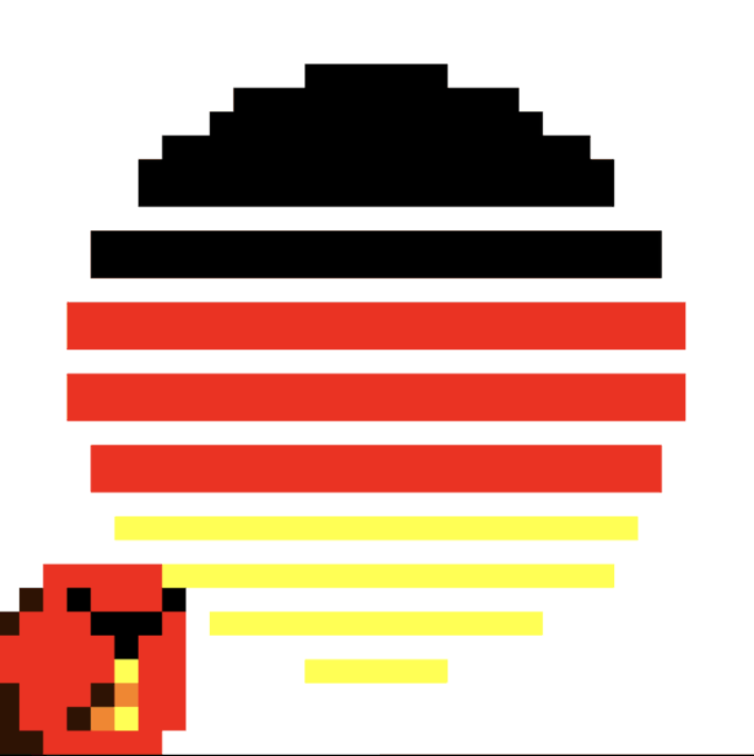 A pixel art image depicting a sunset with red and yellow horizontal stripes, topped with a black silhouette of a cloud or hill.