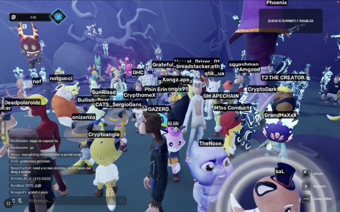 Screenshot of a virtual world/social game showing multiple cartoon avatars with usernames like 'notpucci', 'nef', 'GAZERO', and 'CryptoDark' in a chat gathering.