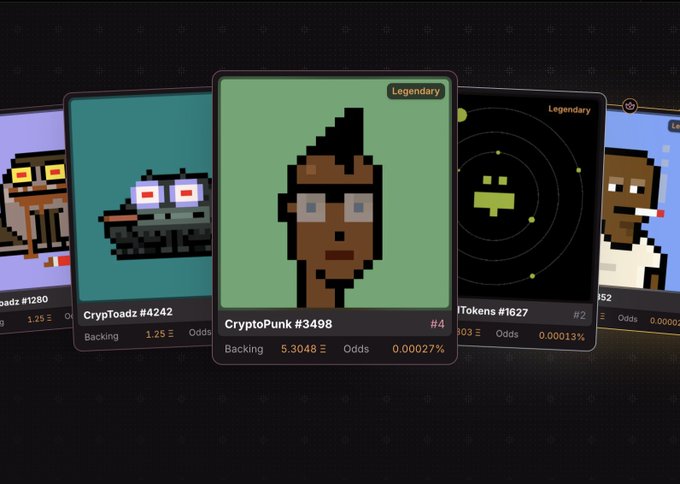 A lineup of CryptoPunk NFT cards displayed in a card-style interface, with CryptoPunk #3498 prominently featured in the center alongside other legendary punks like CrypToadz #4242 and Atokens #1627, each showing their backing amounts in ETH and odds percentages. The central focus on Punk #3498 ties directly to the announcement of its upcoming migration from V1 to V2, where it will continue its tiered backing reduction schedule of 1Ξ every 12 hours alongside Punks #6096 and #3190.