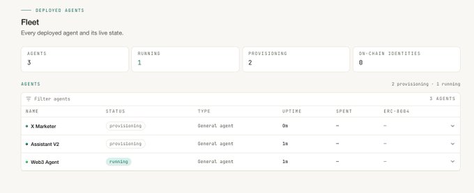 A dashboard titled 'Fleet' shows 3 deployed agents, including X Marketer and Assistant V2 (both provisioning) and Web3 Agent (running).