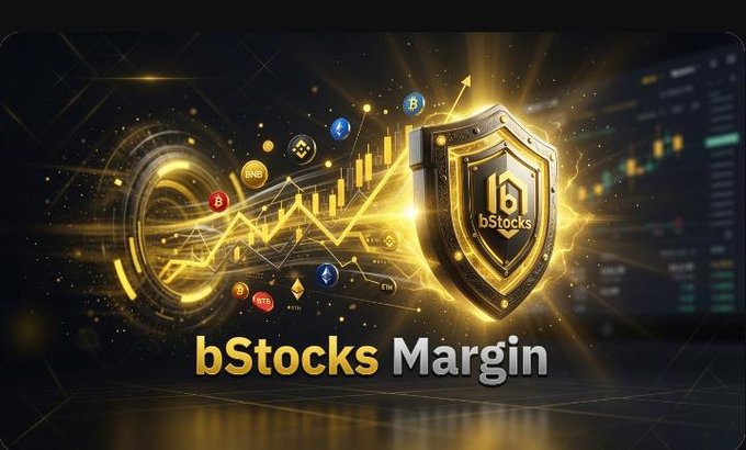 A promotional banner for 'bStocks Margin' featuring a golden shield logo, floating cryptocurrency icons (including Bitcoin and BNB), and a glowing financial chart in the background.