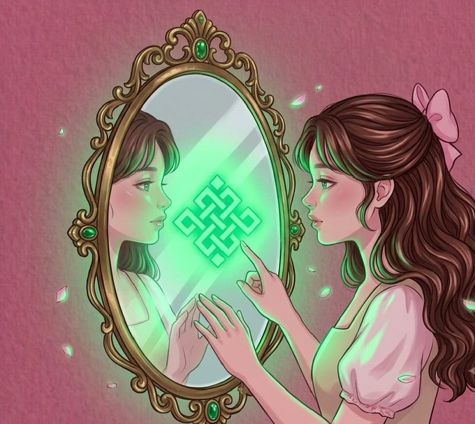 A digital illustration of a young woman with long brown hair and a pink bow looking into an ornate gold mirror, where her reflection shows a glowing green crypto symbol instead of her face.
