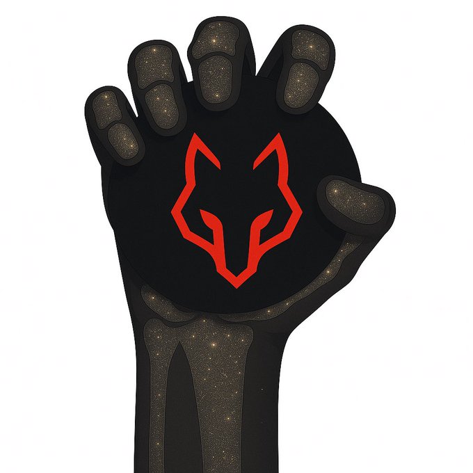 A black glove with a red wolf head logo and gold sparkly accents on the knuckles and fingers.