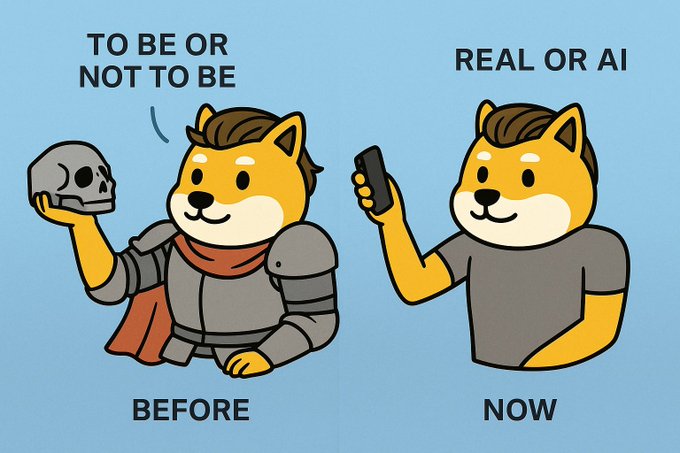 A side-by-side illustration depicting two Shiba Inu characters: on the left, labeled "BEFORE," a dog in knight's armor holding a skull ponders "TO BE OR NOT TO BE," while on the right, labeled "NOW," the same dog in a casual t-shirt holds a phone and asks "REAL OR AI."