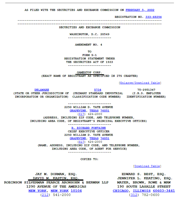 A SEC filing document for GameStop Corp., Amendment No. 4 to Form S-1, dated February 5, 2002, listing R. Richard Fontaine as Chief Executive Officer and noting the company's Delaware incorporation.