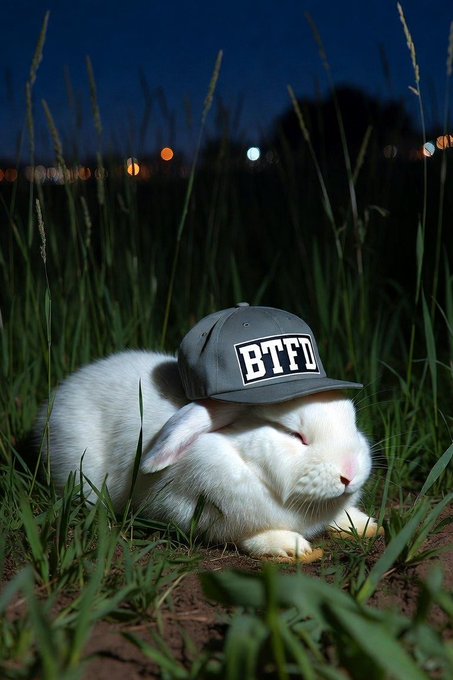 A white rabbit wearing a gray cap that reads 'BTFD' rests in tall grass at night, with blurred city lights in the background.