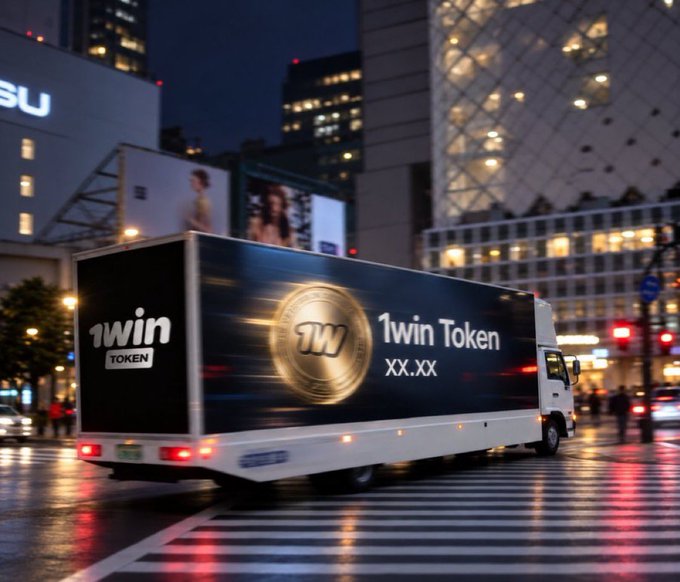 A 1win Token promotional truck drives through a nighttime cityscape, featuring branded graphics of a gold coin and "1win Token XX.XX" text. The mobile advertisement mirrors the post's discussion about 1win's ongoing token updates, AMA sessions, and tokenomics reveals, visually promoting the project amid the bear market commentary.