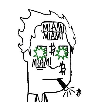 A hand-drawn cartoon sketch of a man wearing a headband labeled 'MIAMI', with '#$' symbols over his eyes and a cigar in his mouth.