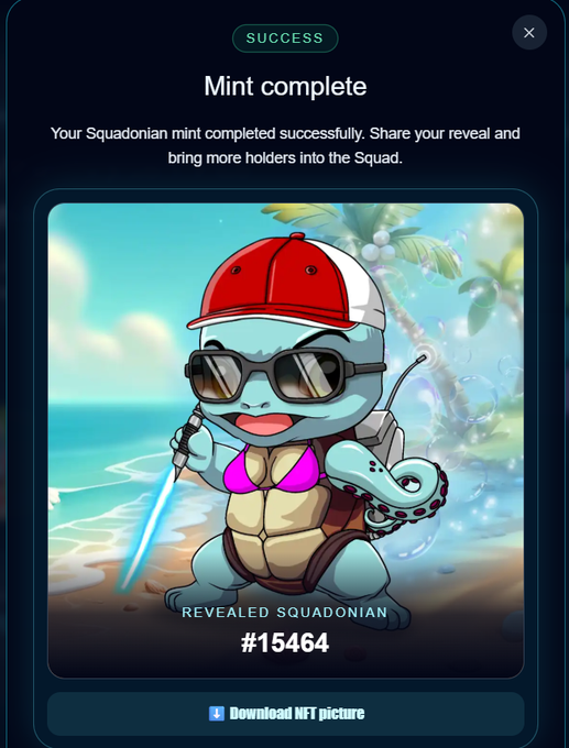 A "Mint complete" success screen for a "Squadonian" NFT (#15464), displaying a cartoon turtle character wearing a red cap, sunglasses, and a pink bikini top, holding a blue lightsaber on a beach.