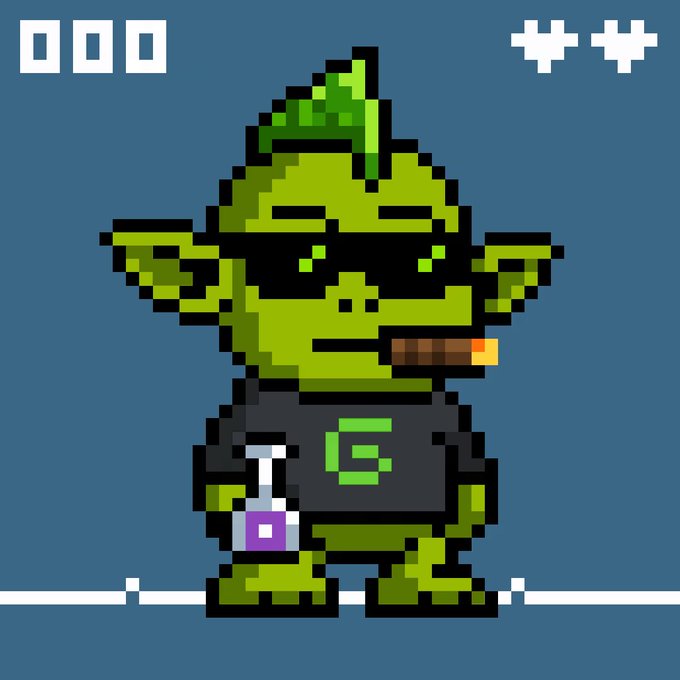 Pixel art illustration of a green goblin-like character wearing sunglasses, smoking a cigar, and holding a purple potion bottle, set against a teal background with white pixel blocks.