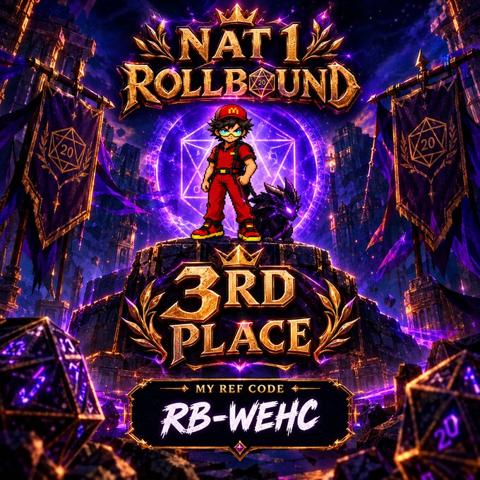 A gaming promotional graphic for 'NAT1 ROLLBOUND' shows a character in red on a pedestal with '3RD PLACE' displayed, along with a referral code 'RB-WEHC' against a purple and gold fantasy background.