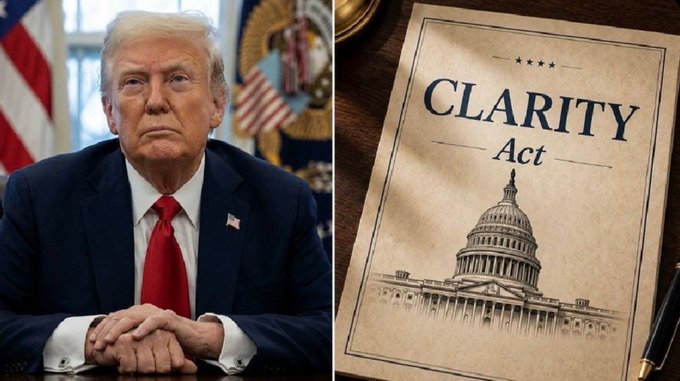 This image shows Donald Trump alongside a document titled "CLARITY Act," suggesting that legislative action, potentially involving former President Trump's administration, could be pivotal for the future of cryptocurrency regulation.