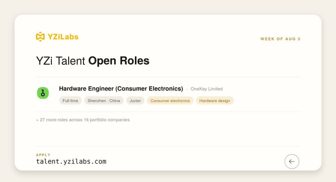 A YZiLabs job posting card showing 'YZi Talent Open Roles' for the week of Aug 3, featuring a Hardware Engineer (Consumer Electronics) position at OneKey Limited in Shenzhen, China, with 27 more roles across 16 portfolio companies; apply at talent.yzilabs.com.
