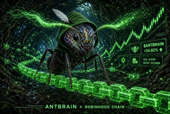 A digital illustration for 'ANTBRAIN x ROBINHOOD CHAIN' featuring an ant wearing a green hood with a feather, sitting on a glowing blockchain link beside a green candlestick chart for '$ANTBRAIN' (+24.82%).