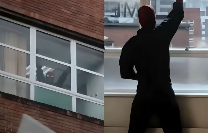 A split image: on the left, a figure in a red and black suit visible through a building window, and on the right, a closer view of someone in a red and black Spider-Man suit looking out a window.