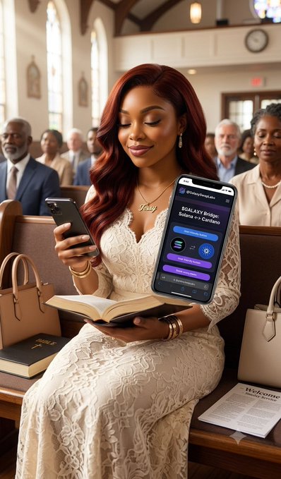 A woman in a white lace dress sits in a church pew holding an open Bible, a phone, and a handbag, with a smartphone displaying 'ZCALKEXY Bridge' visible in the scene.