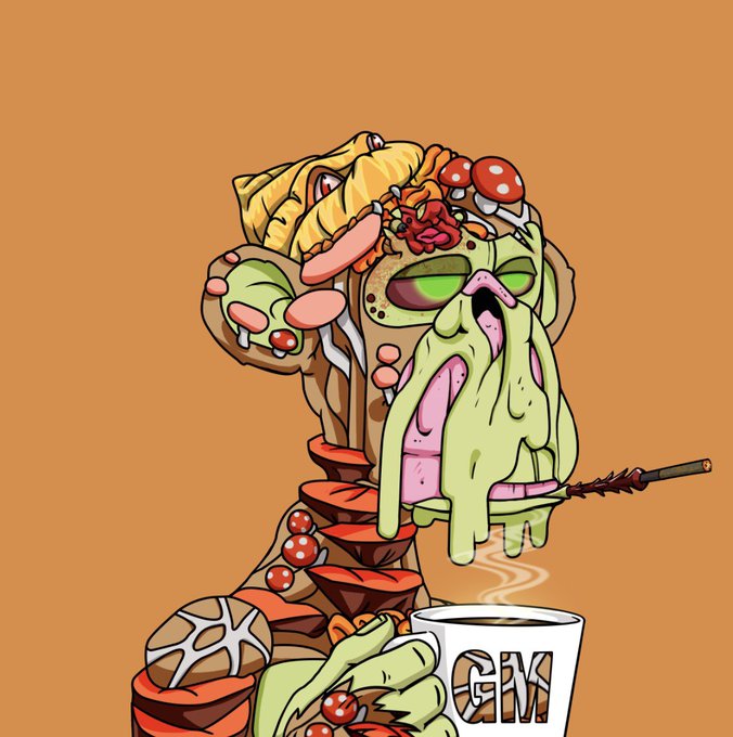 A grotesque, mutant cartoon character with drooping green skin, mushrooms growing from its head, and a large eye smokes a cigarette and holds a coffee mug reading "GM" (Good Morning), tying into the "Good morning and Happy Mutant Monday" message with a playful, surreal breakfast-themed monster.