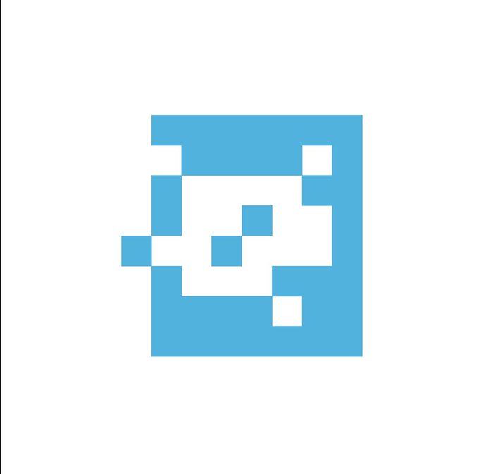 A simple blue and white pixel-art style graphic depicting a small abstract figure or icon on a white background.