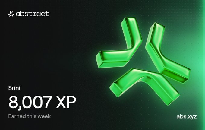 A graphic for 'abstract' shows a user named Srini has earned 8,007 XP 'this week,' featuring a large green 3D abstract logo and the URL abs.xyz.