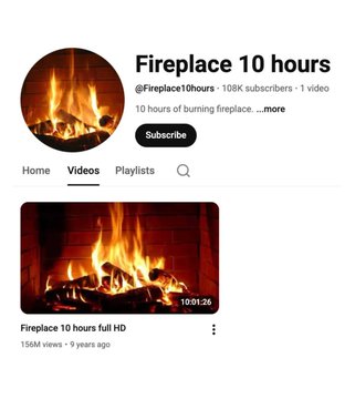 A YouTube channel page for 'Fireplace 10 hours' (@Fireplace10hours) with 108K subscribers, featuring a video thumbnail of a burning fireplace.