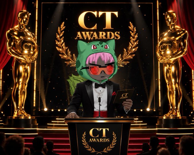 An AI-generated image showing a character in a tuxedo with a Bulbasaur-style mask and red sunglasses standing at a 'CT AWARDS' podium flanked by golden statues.