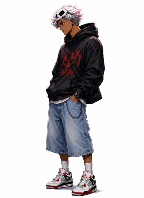 An anime-style illustration of a young man with spiky pink and white hair wearing a skull mask, a black hoodie with a red graphic, baggy denim shorts, and sneakers.