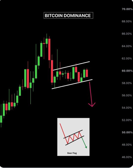A financial chart titled 'BITCOIN DOMINANCE' showing candlestick price action in an ascending channel pattern, with an inset diagram illustrating a 'Bear Flag' pattern.