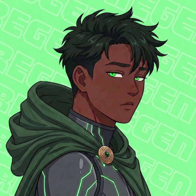 A digital illustration of a young man with dark hair, green eyes, and a green hooded cloak featuring a circular emblem, set against a light green patterned background.