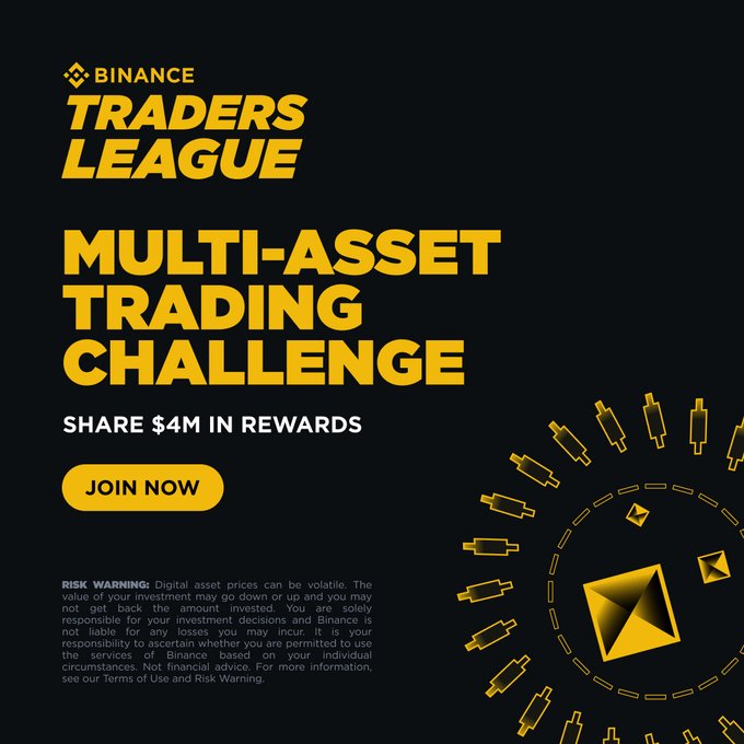A Binance promotional banner for the "Traders League Multi-Asset Trading Challenge," offering a share of $4M in rewards with a yellow "JOIN NOW" button, which corresponds to the announcement of Round 2 of the Binance Traders League competition.