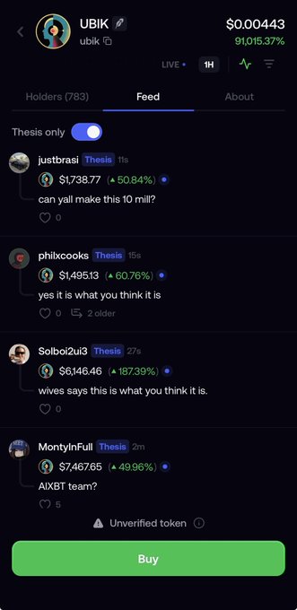 A mobile crypto trading app screen showing the UBIK token with a price of $0.00043 and a 91,015.37% increase, displaying community posts from users with notable trading gains.