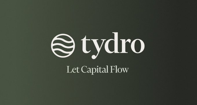 A minimalist logo for 'tydro' featuring a circular wave emblem with the tagline 'Let Capital Flow' on a dark green gradient background.